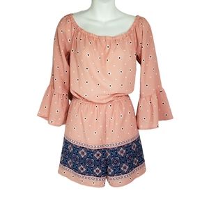 Design Lab Floral Boho Bell Sleeve Romper Pink Blue Size Large